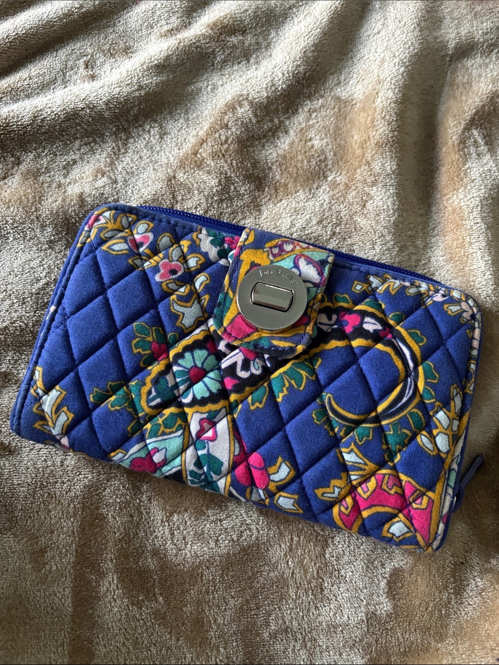 Vera Bradley Quilted Floral Wallet in Royal Blue with Pink & Yellow Accents